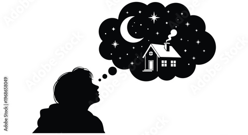 A person contemplates a dreamlike scene of a cozy house under a starry night sky presented in silhouette high quality professional