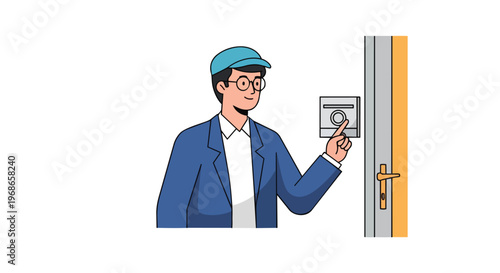 Young man in glasses and cap ringing a doorbell at the entrance of a house