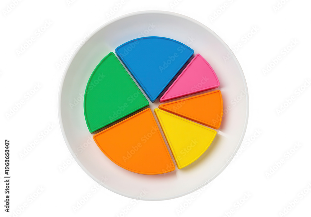 Obraz premium Colorful pie chart slices in a white bowl on a transparent background