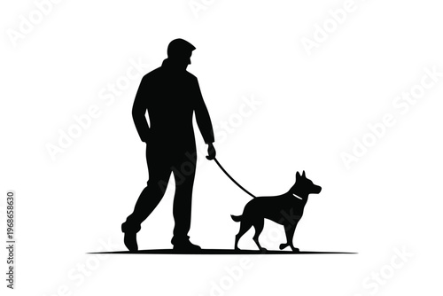 man walking with dog silhouette line art vector illustration with a white background