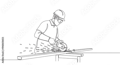 Construction worker using circular saw to cut wooden planks  