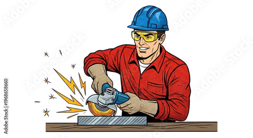 Construction worker cutting metal with angle grinder in workshop  