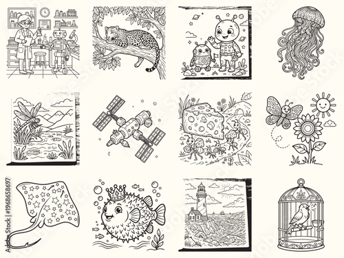 Scientist researcher working with robot assistant in laboratory setting featuring glassware and equipment for science coloring page