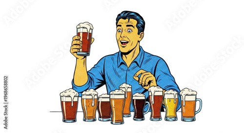 Man enjoying different types of beer in colorful vector illustration  