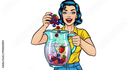 Happy woman preparing fruit drink with pitcher and berries  