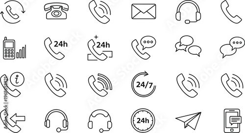 Collection of contact us and customer support line icons featuring telephone, headset, envelope, chat bubbles, and twenty four hour service.