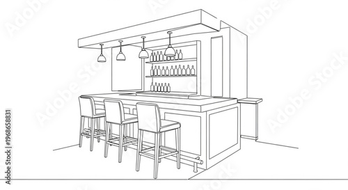 Minimalist bar interior with stools and shelves in outlined design  