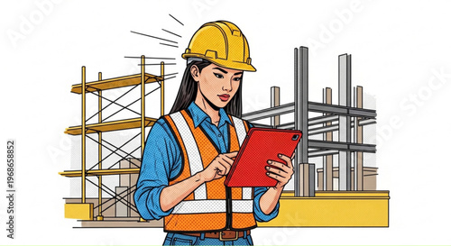 Construction worker checking plans on tablet at building site  