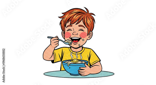 Happy child enjoying warm oatmeal from a blue bowl at home  