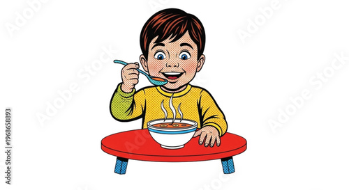 Young boy happily eating warm soup at small table in bright colors  