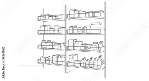 Outline of a pantry shelf displaying various containers and jars  