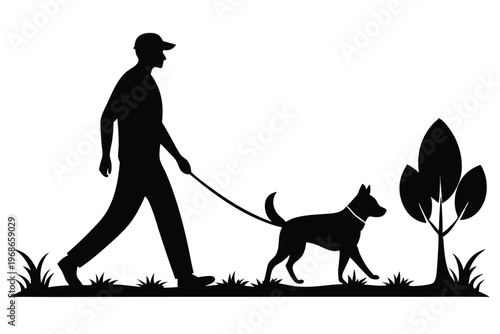 man walking with dog silhouette line art vector illustration with a white background