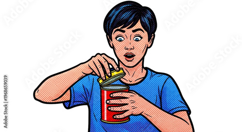 Boy opening a can with surprise expression wearing a blue shirt  
