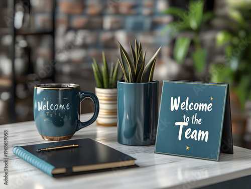 welcome to the team sign on office desk with coffee and notebook