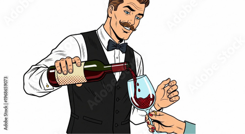 Bartender pouring red wine into glass for customer at bar  