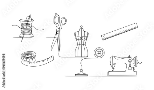 Minimalist continuous line sewing tailoring icon pack garment tools vector illustration