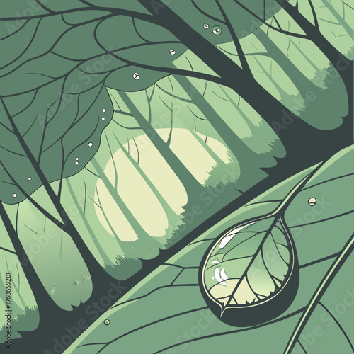 A single dewdrop refracting a whole forest.