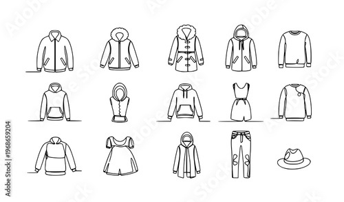 Continuous line drawing fashion clothing icon set jacket hoodie jeans dress minimal vector illustration