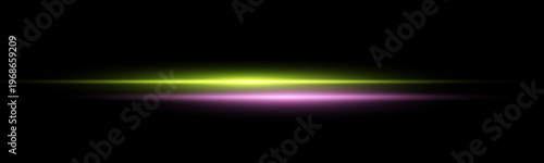 Green and pink horizontal laser beam, light reflections, lensflare, glow flare light effect. Isolated on black background.