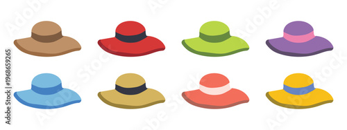 Women's wide-brimmed sun hats in various colors isolated o transparent background.
