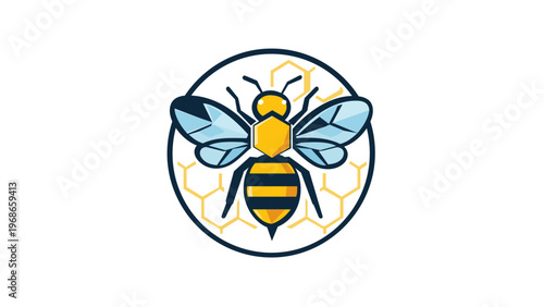 Stylized honey bee vector icon illustration featuring a yellow and black bumblebee with blue wings inside a circular frame with honeycomb patterns, minimalist flat design for nature branding.