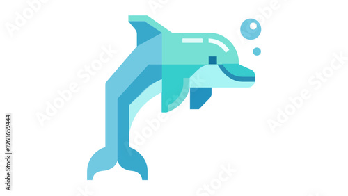 Modern Minimalist Flat Vector Icon of a Blue Dolphin Jumping with Bubbles; Geometric Stylized Marine Animal Illustration for Web Design, Apps, and Branding; Scalable AI-Generated Sea Life Graphic