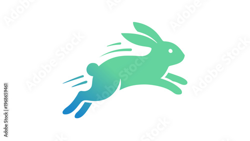 Dynamic vector illustration of a jumping rabbit icon featuring a vibrant teal to blue gradient. Minimalist flat design of a fast hare leaping through the air, symbolizing speed and agility.