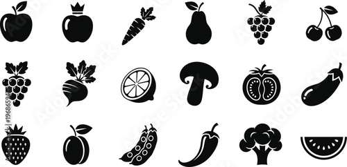 Fresh Organic Fruits and Vegetables Silhouette Icon Set Featuring Apple Carrot Pear Grapes Cherry Tomato Broccoli And Healthy Vegan Food Symbols