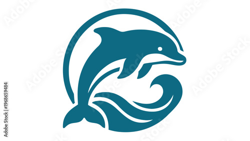 Minimalist teal dolphin jumping over ocean waves vector icon illustration, flat circular marine life symbol for logo design, scalable AI-generated aquatic animal graphic on white background.