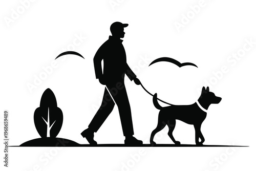 man walking with dog silhouette line art vector illustration with a white background