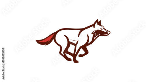 Minimalist vector illustration of a running fox or wolf mascot, stylized animal icon with brown outlines and red tail tip, commerce-optimized graphic for logo design and branding, AI-generated.