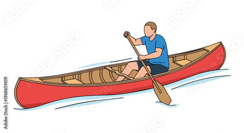 Man paddling a red canoe on water illustration