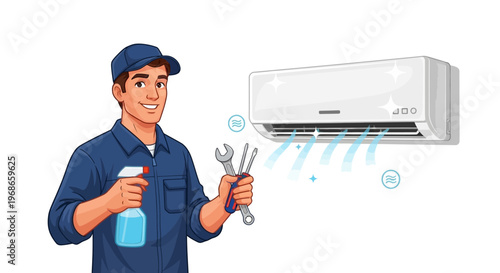 Smiling air conditioning technician in blue uniform holding tools and spray bottle, near a wall-mounted AC unit with a clean white background, conveying a friendly and professional service