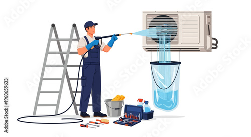 Detailed vector illustration of an air conditioning technician in blue overalls, using a pressure washer to clean an AC unit with water flowing into a bucket, next to a ladder