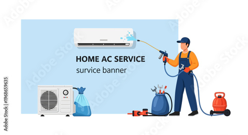 A vector art illustration displays an air conditioning technician in uniform meticulously cleaning an AC unit with a high-pressure washer, set against a light blue backdrop with tools