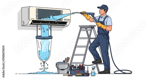 A cartoon-style illustration shows an air conditioning technician in uniform using an AC washer to clean an air conditioner, with water flowing into a container below, set against a plain