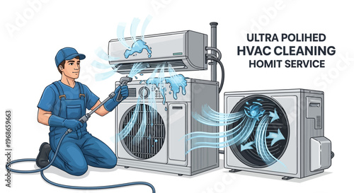 A cartoon air conditioning technician in a blue uniform performing AC maintenance on a washer unit and air conditioner, illustrated with flowing air and water against a clean, professional