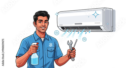 Cartoon-style illustration of an air conditioning technician in uniform holding a spray bottle and wrench, ready for AC cleaning and maintenance, set against a clean white background