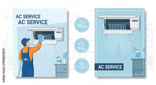 Vector illustration of an air conditioning technician in uniform performing AC service on an air conditioner with cleaning spray in a bright, pastel-themed graphic design against a light