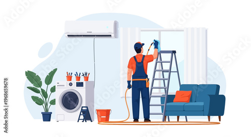 A skilled air conditioning technician character is depicted in a bright, flat vector illustration, performing AC maintenance with a washer, wearing a uniform, against a light blue