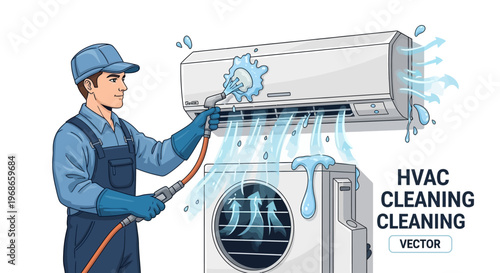 A cartoon air conditioning technician in uniform is shown in a vector illustration, performing AC washer service and repair on an air conditioner unit with a white background, demonstrating