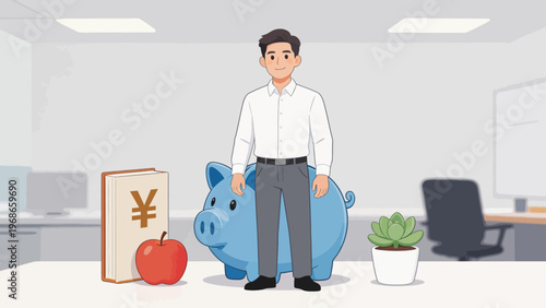 Man standing next to piggy bank