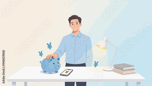 Man saving money in piggy bank at desk