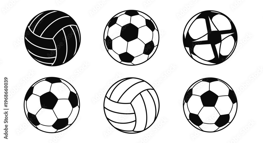 Fototapeta premium Vintage vector sports ball icon set with classic football soccer basketball volleyball in distressed retro style isolated on white