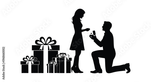 A romantic proposal scene unfolds with a man kneeling and offering a ring framed by gifts in silhouette high quality professional