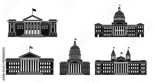 Collection of five black silhouettes representing various styles of government buildings with domes and columns isolated on a white background.
