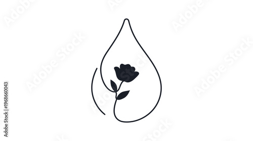 Minimalist Teardrop With Blooming Flower Inside, Continuous Line Art Vector Illustration