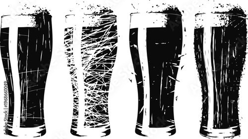 Black and white grunge beer glasses set, distressed paint texture, vintage pub drink illustrations