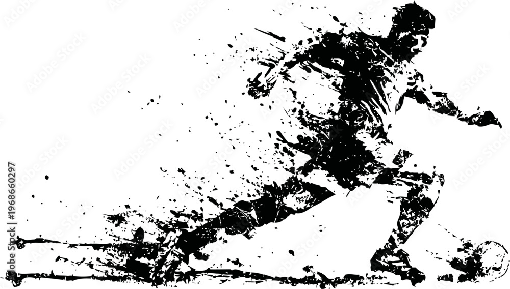 Obraz premium Dynamic soccer player kicking ball in action silhouette with artistic ink splatter effect