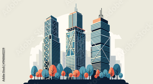 Trio of tall modern skyscrapers with intricate geometric facades and green and orange trees at the base against a pale sky.
